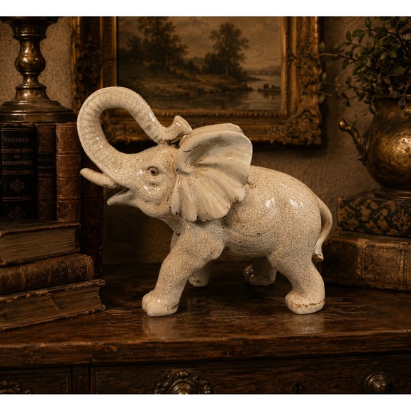 Other - Vintage Ceramic Elephant Figurine Crackle Glaze Lucky Upturned Trunk Off-White